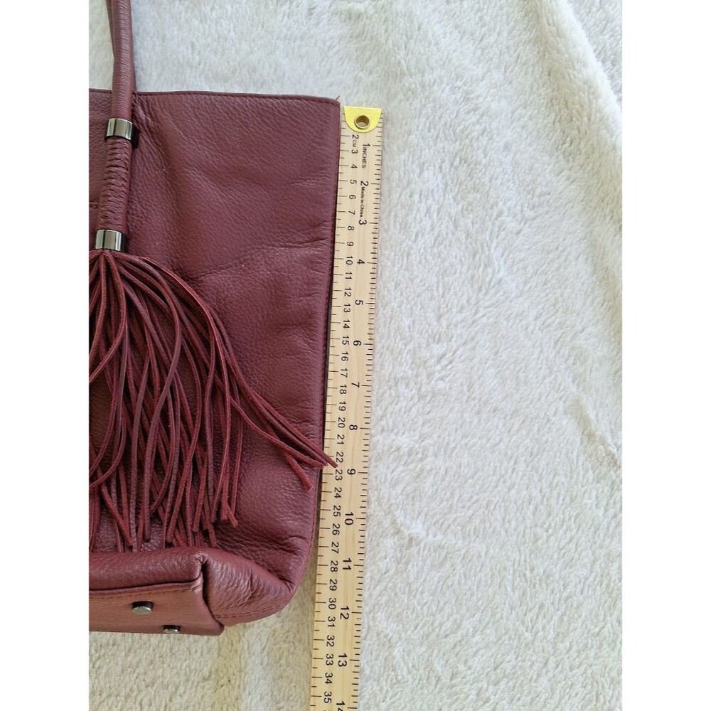 Vince Camuto Burgundy Leather Slouchy Fringe Tote Bag Shoulder Purse Western Zip - Picture 9 of 16